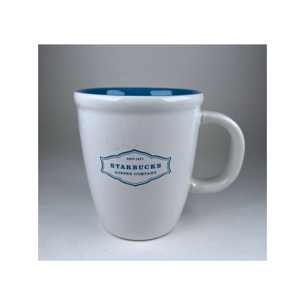 Starbucks Coffee Mug Teal Blue & White 2006 13oz Abbey Badge Logo